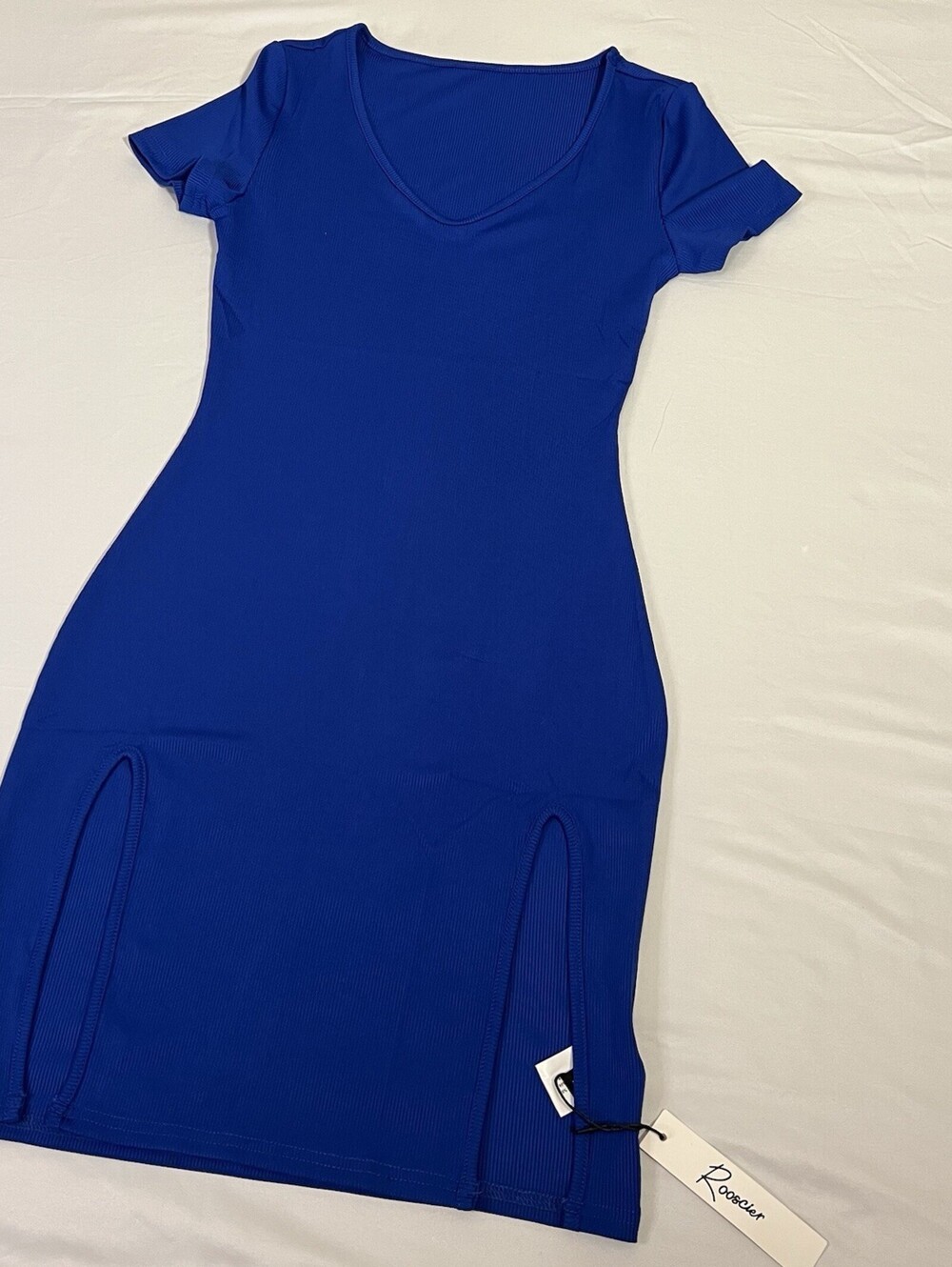 Rooscier Women’s XS  Blue Ribbed Bodycon Midi Dress V NWT